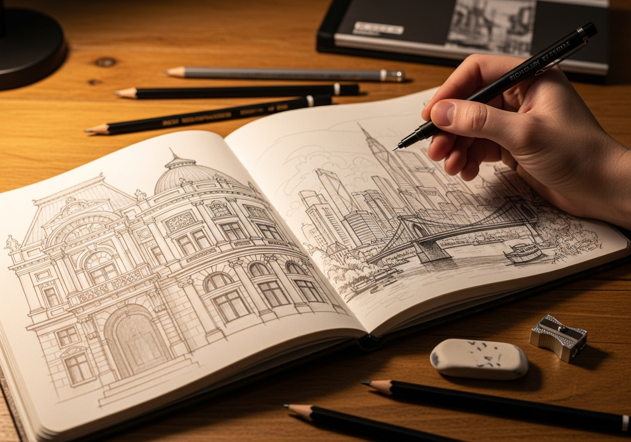 Процесс рисования скетча в блокноте